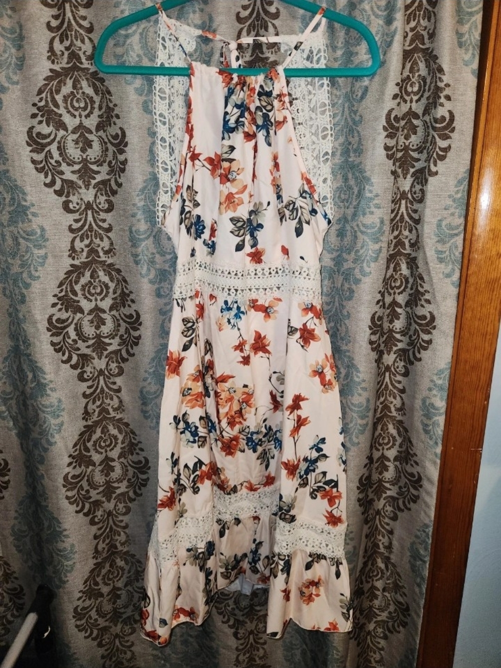 SHEIN Cream Backless Halter Dress with Blue & Rust Floral Print